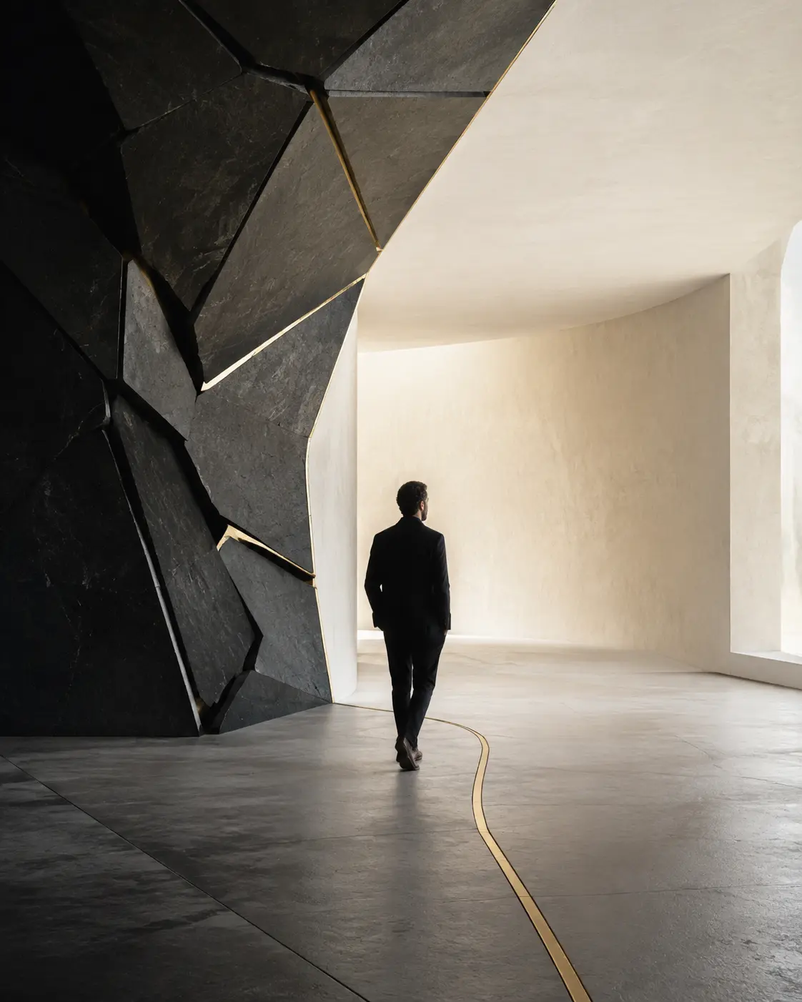 Un dirigeant avance d’une architecture fragmentée vers un espace clair, guidé par un fil d’or.